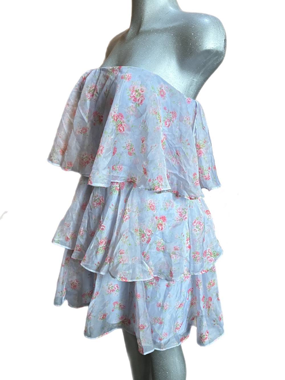 Abercrombie & Fitch Organza Strapless Floral Tiered Ruffle Dress Large Blue/Pink - Picture 4 of 9